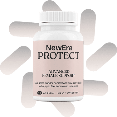 NewEra Protect dietary supplement bottle labeled 'Advanced Female Support', designed to support bladder comfort and pelvic strength. Contains 60 capsules.